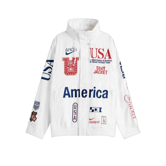 나이키 x 버질 아블로 아카이브 USA 우븐 스태프 자켓 화이트 딥 로얄 블루